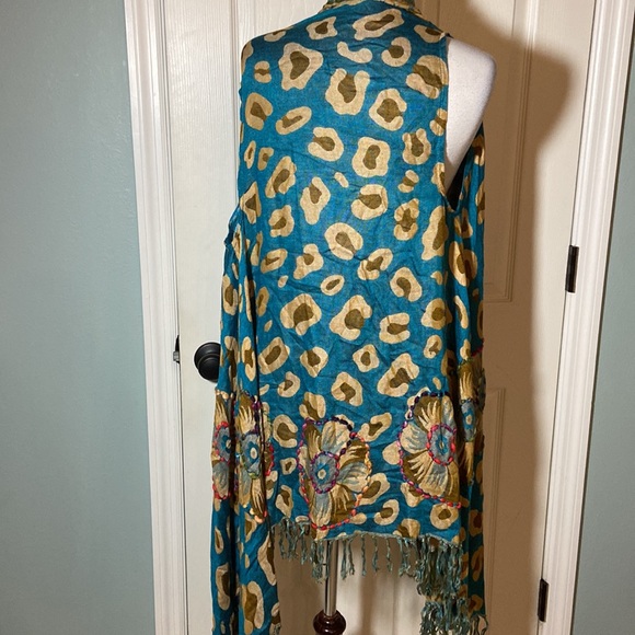 Beautiful Boho Embroidered Long Vest Purple Aqua Teal White Fringe - Picture 6 of 9